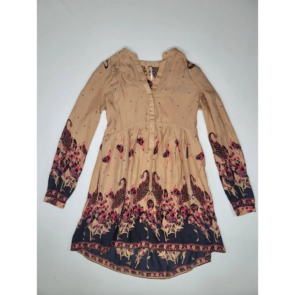 Free People Boho Mini Dress Small Paisley Floral Peasant‎ Tunic Pockets